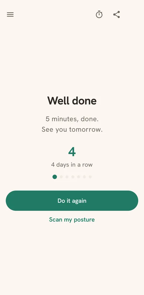 Routine completed screen in BackPain, showing a 4-day streak