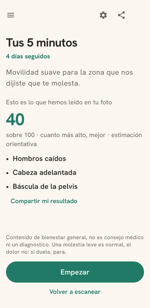 Pantalla de resultado de BackPain: puntuación de postura 40 sobre 100 y 3 puntos a trabajar leídos de tu foto