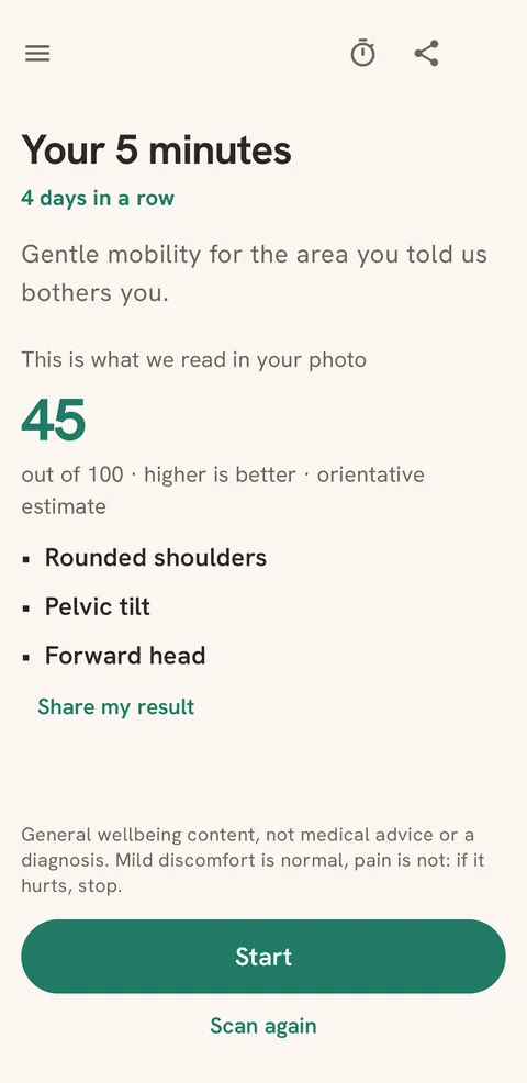 BackPain result screen: posture score of 45 out of 100 and 3 findings read from your photo