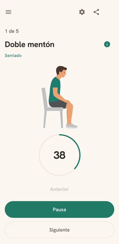 Pantalla de un ejercicio guiado en BackPain, con su ilustración y su cuenta atrás